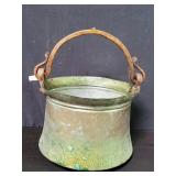 Antique tinned copper cauldron with a forged