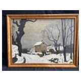 Mid-century oil on board depicting a snowy