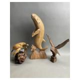 Carved wood animal sculptures whale, sea turtle