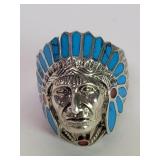 Silver Native American Indian face ring adorned