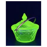 1930s uranium glass lidded candy dish & handle