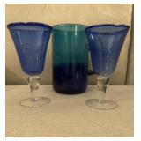 VTG-colbalt blue blown glass pitcher & 2 glasses
