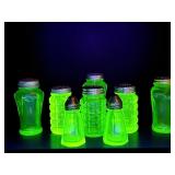 8 vintage glowing uranium glass salt & pepper