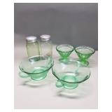 Group of 6 Uranium glass shakers and sherbet