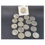 17 Buffalo nickels; two 1920 partial dates, 1927