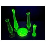 4 uranium glass single bud vases, 1 flower frog