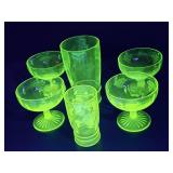 6pc vintage etched uranium glass cups set