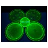 5pc uranium glass footed cake plates