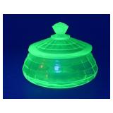 Uranium glass lidded candy dish Block Optic