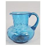 Vintage hand-blown blue swirl art glass pitcher
