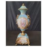French Sevres-style porcelain urn with brass
