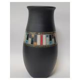 Signed ceramic vase geometric band pattern
