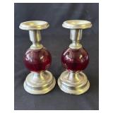 Vintage cranberry glass & metal candleholders