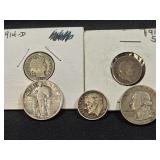 5 Silver American Coins; 1914-D Barber Dime,