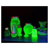 8pc uranium glass pieces, salt & pepper, vase,