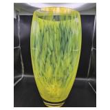 Large hand blown chartreuse mottled art glass vase