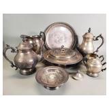 Group of vintage silver plate items, pitcher, tray