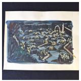 Vintage 1950 "Night Lights" watercolor painting
