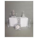 Group of crystal desk clock, tumblers, bell,