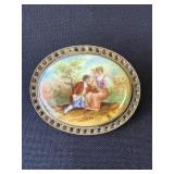Vintage brass & porcelain brooch