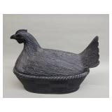 Large hand carved wood hen on nest box