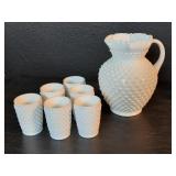 Vintage Fenton hobnail milk glass pitcher & 6 cups