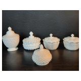 5pc vintage Fenton hobnail milk glass lidded