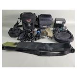 Group of camera bags & straps, Polaroid flash &