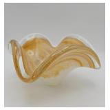 Vintage amber and white hand blown art glass bowl