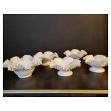 5pc Fenton hobnail milk glass ruffle top dishes