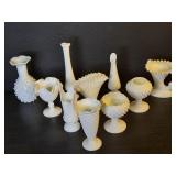 10pc vintage Fenton hobnail milk glass vases