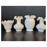 4 vintage Fenton ruffle top hobnail milk glass