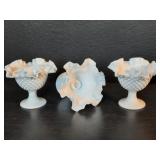 3 matching Fenton hobnail milk glass candleholder