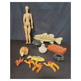 Wood artists mannequin, leather trinket box,