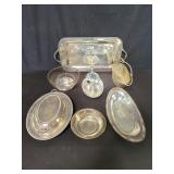 Silver plate tray, bowls, bottle basket etc