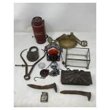 Group of brass, tin, and iron pcs lantern, pad