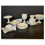 8pc Fenton hobnail milk glass: ashtray, goblet