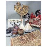 Box of miscellaneous items, wind-up tin boat