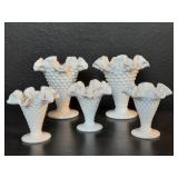 5 vintage Fenton hobnail milk glass trump vases