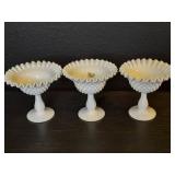 3 matching Fenton hobnail milk glass compotes