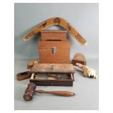 Group of carved wood items - storage box, scale,