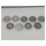 Group of nine antique barber silver half dollar