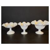 3pc Vintage Fenton hobnail milk glass compotes