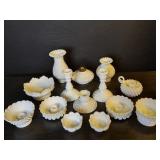 14pc Fenton hobnail milk glass candleholders