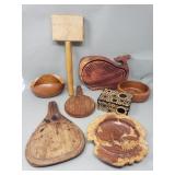 Group of wood bowls, mallet, trinket box, etc