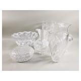 Group of clear cut crystal vases, pitcher, bowl,