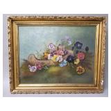 Vintage oil on panel still life of pansies