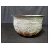 Vintage tinned copper bowl with engraved floral