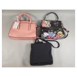 Group of fabric, plastic, and faux handbags