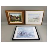 Pair of signed prints one oil painting on board